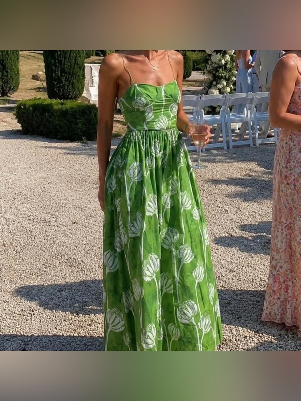 Zara Green Floral Spaghetti-Strap Maxi Dress with White Tulip Print